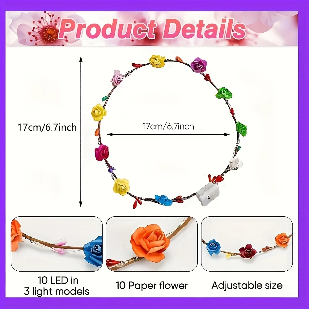 12pcs Glow in The Dark Party Supplies 4pcs LED Flower Crown Headbands + 8pcs LED Light Up Fiber Optic Hair Barrettes Clip