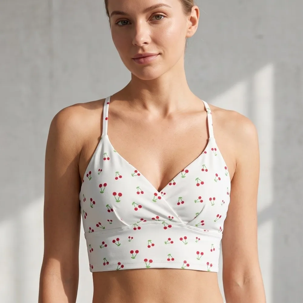 Comfortable Chest Pad Sports Bra Fixed Cup Beautiful Back Design Yoga Vest Suspender Style Cherry Print Running Vest Gym Workout