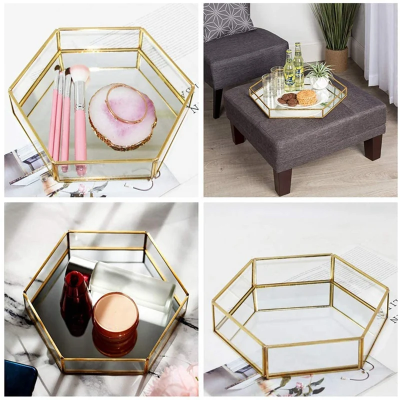 Golden Geometric Mirror Jewelry Tray, Cosmetics Jewelry Glass Storage Tray, Jewelry Crafts (Random Style)