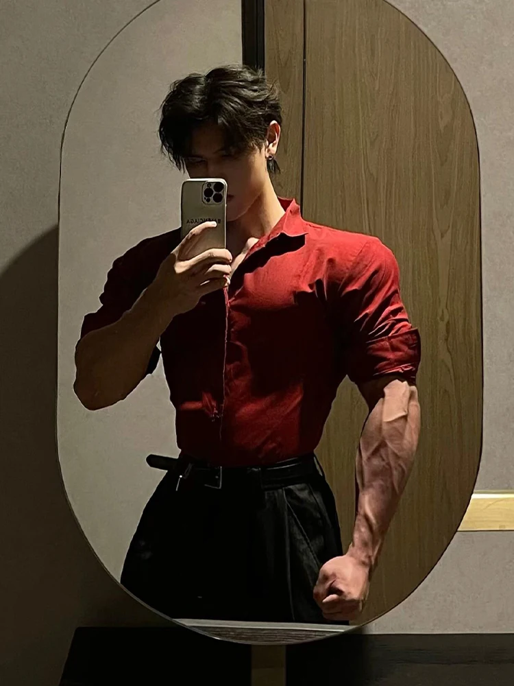 

Мужская рубашка Briti Sle винного цвета с длинным рукавом, подчеркивающая мускулатуру, повседневная, летняя, из тонкой ткани, однотонная, с отложным воротником