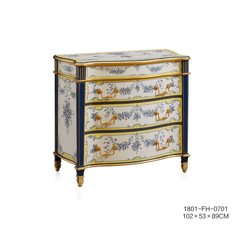

French court style romantic mahogany blue and white flower painted dining side cabinet foyer entrance cabinet furniture
