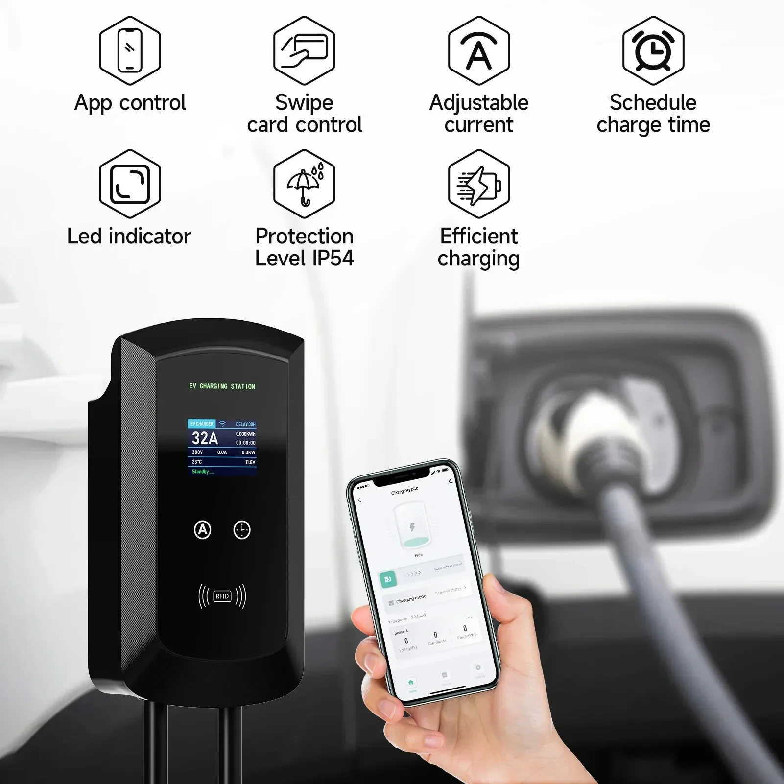 AFEEV 7.6KW 32A 1Phase EV Charging Station for Tesla Model 3/X/Y/S Wallbox EVSE Electric Car Charger WiFi Bluetooth APP Control