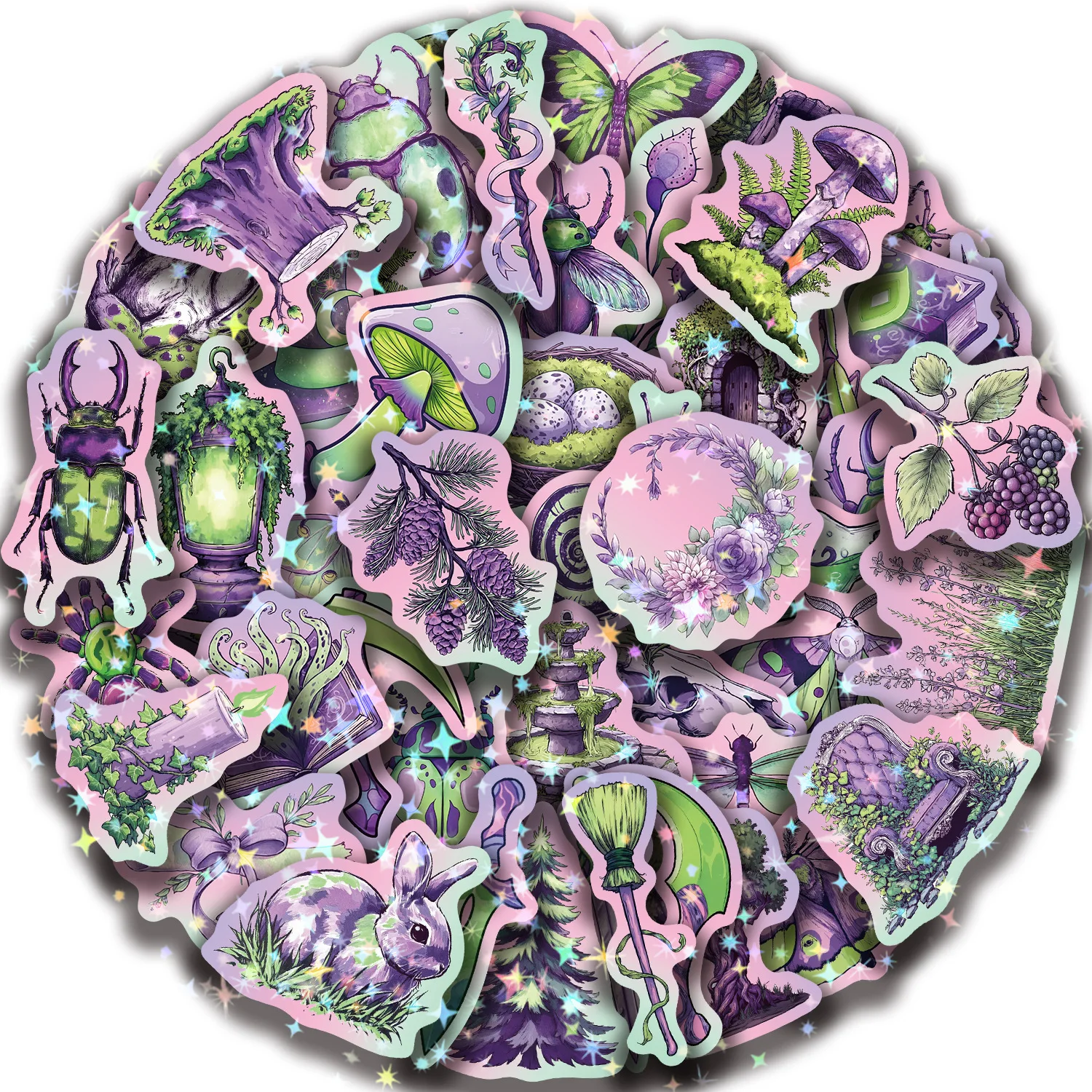 50PCS Cartoon Holographic Purple Forest Animals Sticker Cute Graffiti DIY Luggage Scooter Notebook Waterproof Decal Toy