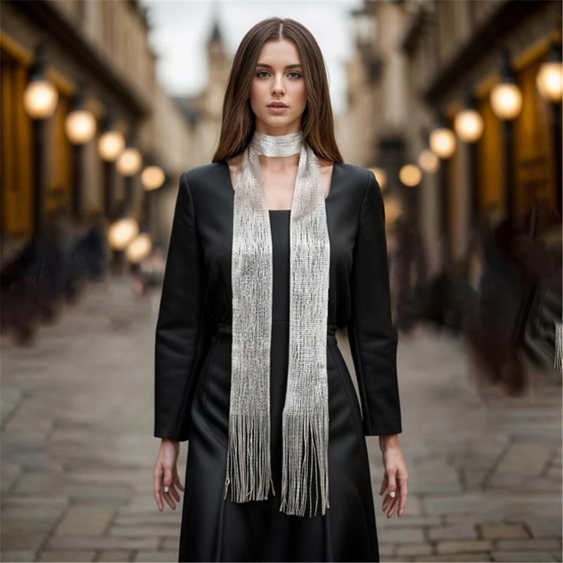 

Long Thin Scarf with Fringed Shimmering Neck Scarf Narrow Scarf for Women Formal Dinner Party Neckwear Fashion Accessory