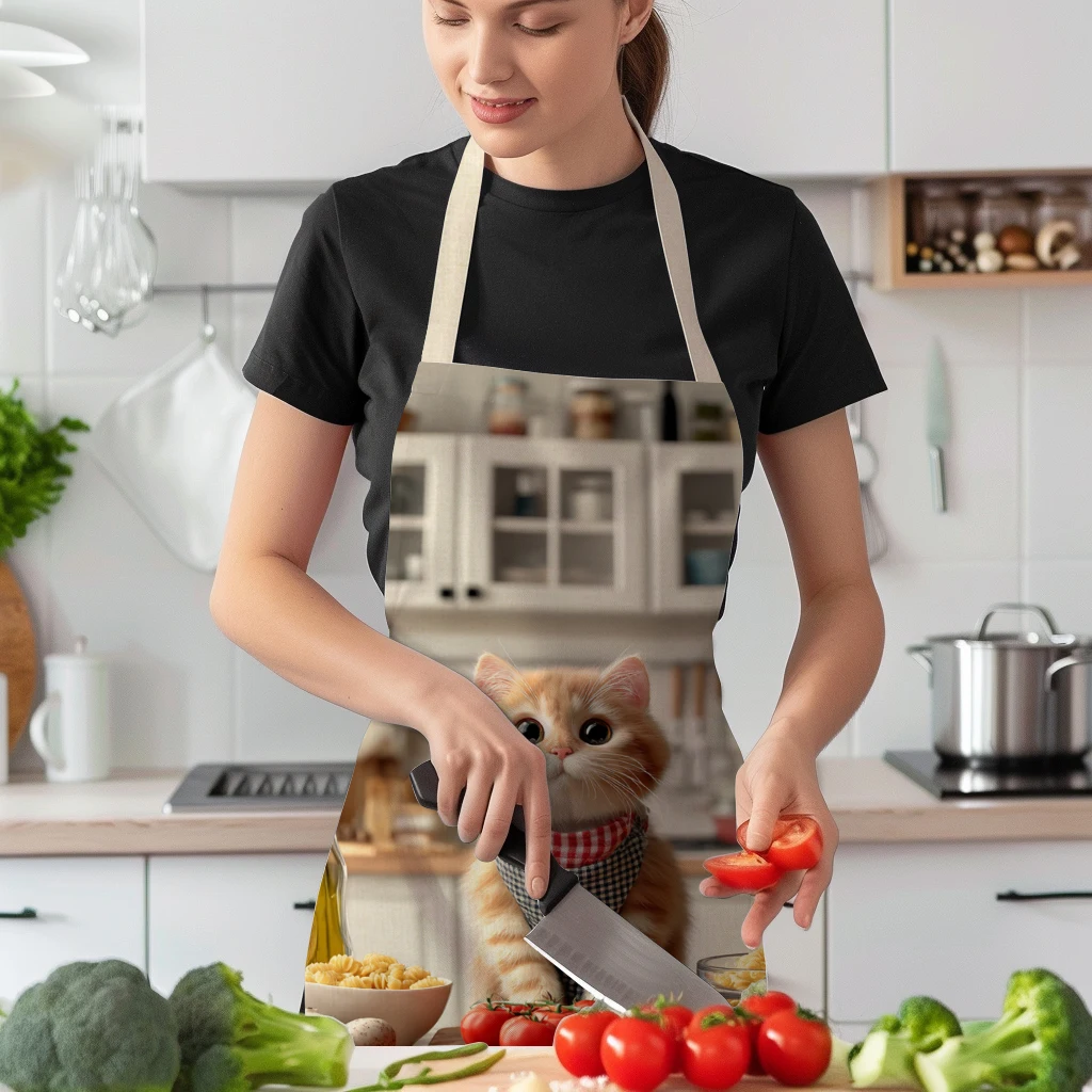 Cute Cat Pattern Polyester Apron - Adorable Cooking & Painting Apron, Lovely Kitchen & Art Studio Polyester For Daily Use