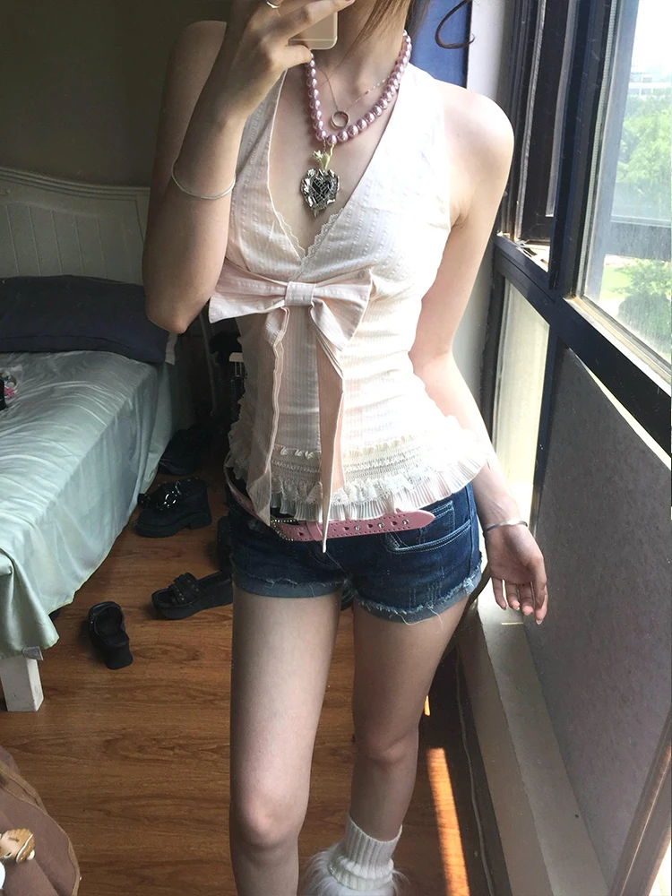 Pink V-Ne Hanging Ne Strap Vest Women Summer  Knot Svel Slimming Beautiful Ba Sexy Top Trendy Street Sle