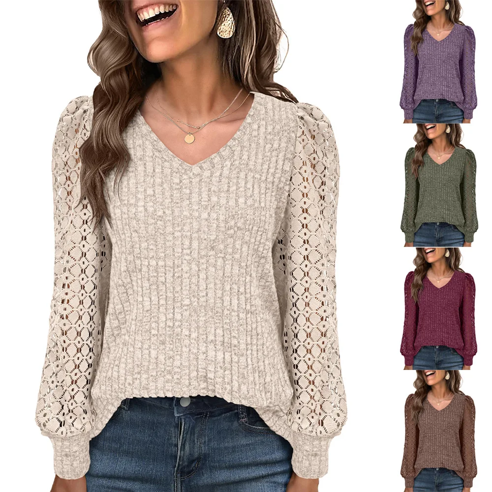 

KIDCRKJ Women's Lace Spring T-Shirt Solid V-Neck Panelled Pullover Long-Sleeve Top For Female Loose-Fit Versatile Lady's T-Shirt