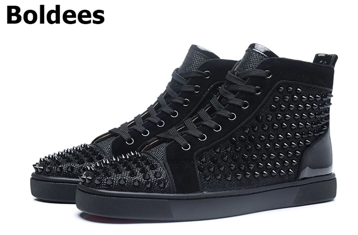 

Bling Crystal with Rivets Casual Shoes Men Spikes Lace Up High Top Flats Platform Designer Shoe