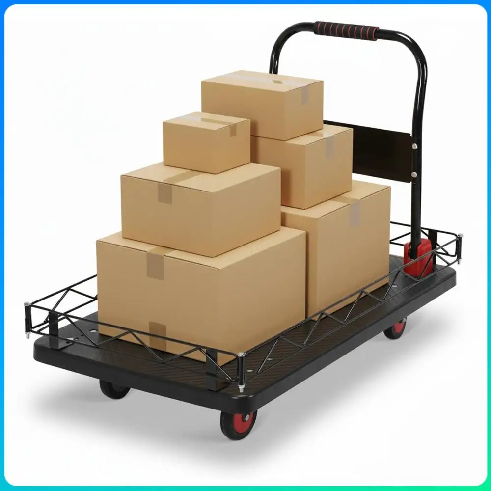 

2 IN 1 Silent TPR Wheels Hand Trucks W/Steel Wire Fence Push Goods Hand Cart 2000 Lbs Capacity for Groceries Garage Warehouse