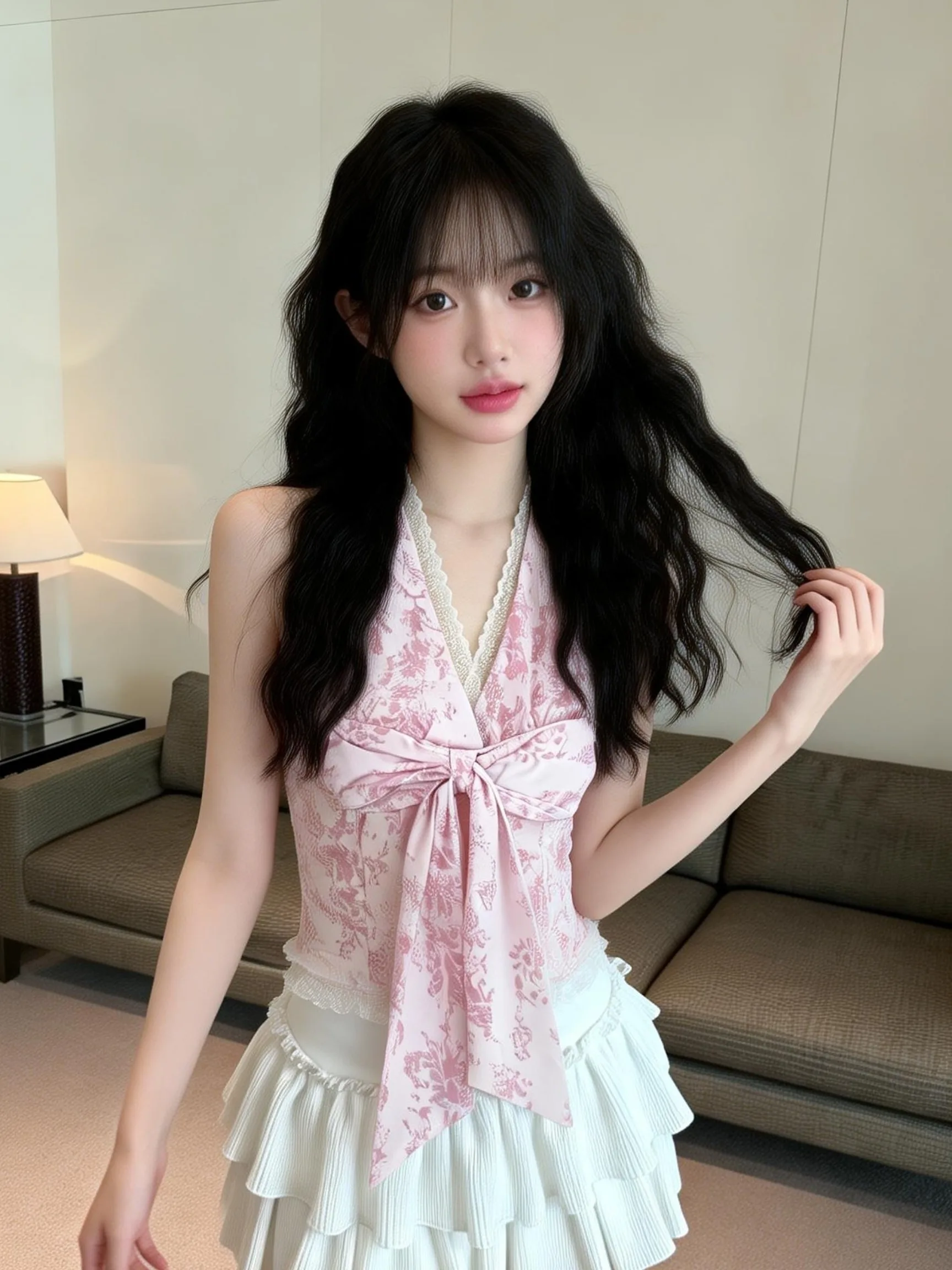 

French Style Pure Desire Lace Trim V-Neck Sleeveless Women's Summer Sweet Design Slimming Top Versatile Hanging Neck Shirt
