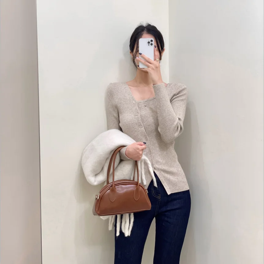 

Chic Autumn Winter Slim Fit Long Sve Knitted Sweater Women's Faion Square Ne Oblique Design Korean Sle Casual Wear
