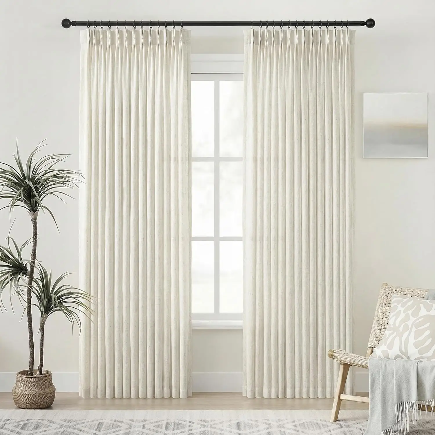 

Heavy Duty Pinch Pleated Linen Curtains 96 Inches Long Semi Sheer for Living Room Light Filtering Back Tab Neutral Farmhouse 2 P