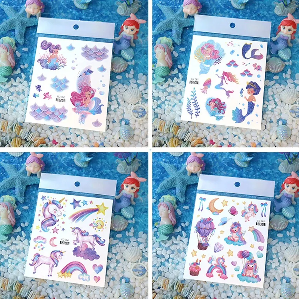 12pcs Glitter Mermaid Unicorn Waterproof Temporary Tattoo Sticker Cartoon Rainbow Flash Tatto For Kids Arm Body Art Fake Tattoos