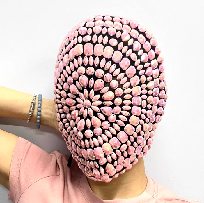 

Pink Mask Woman Rhinestone Pink Head Cover Nightclub Performance