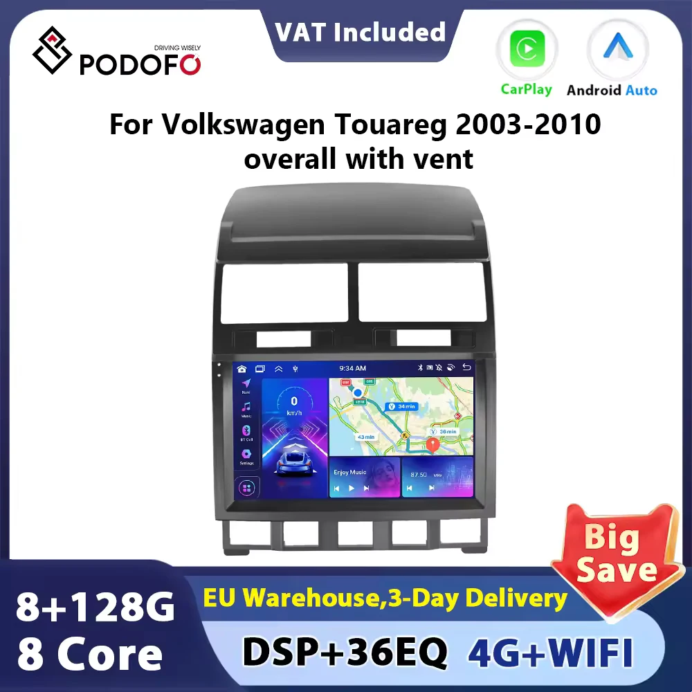 Podofo 8CORE Android 2 din autoradio Auto stéréo Carplay pour Volkswagen Touareg 2003-2010 Android Auto DSP 4G WIFI DSP autoradio