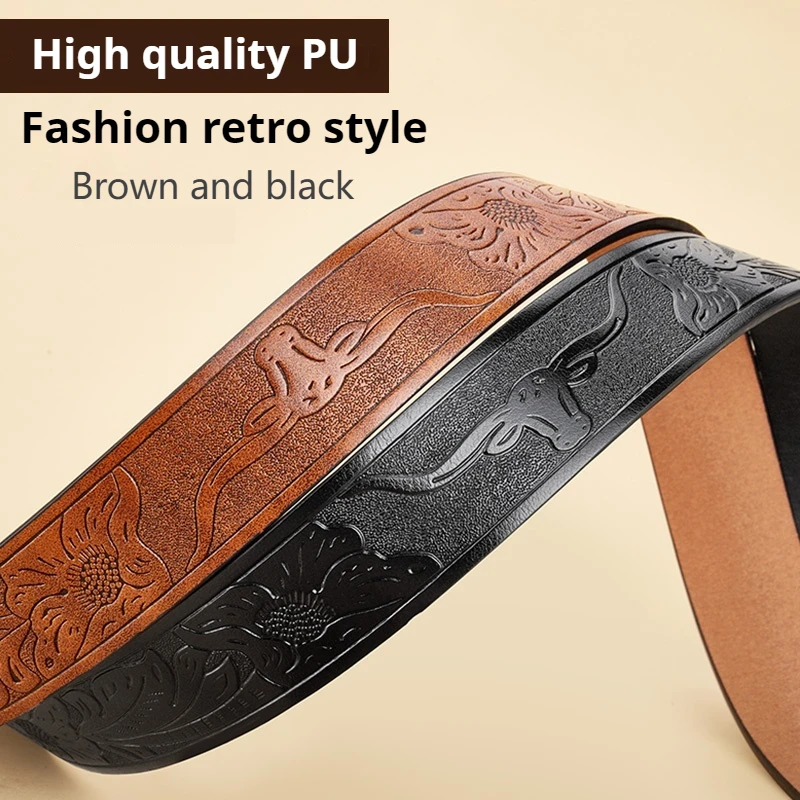 OYIFAN Western Belt Cowboy Leather Belt Men Waist Strap Bull Decoration Floral Engraved for Jeans Cowgirl belt