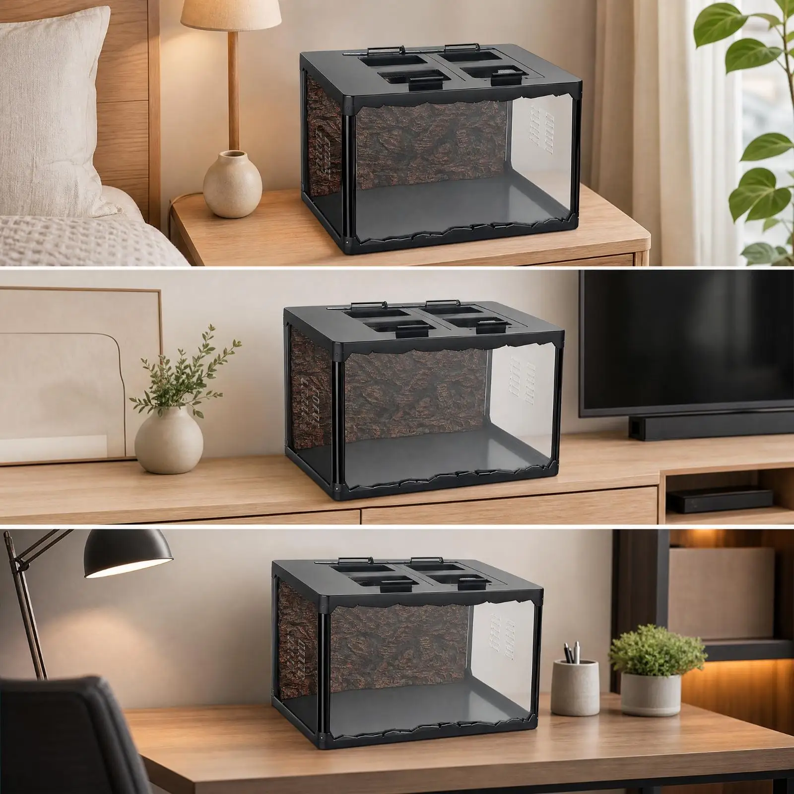 Clear Reptile Terrarium Habitat with Black Acrylic Frame and Ventilation Top for Reptile Enclosure and Decor Setup