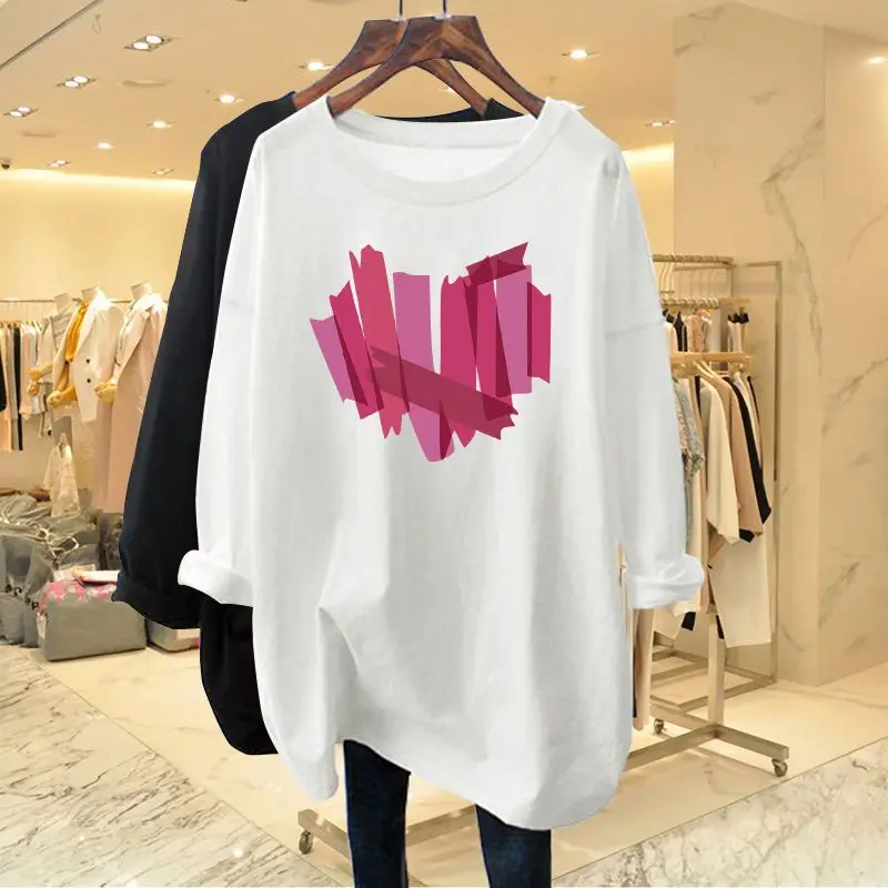 Women Clothing Chic Hand-Painted Love Print T-shirts Autumn Casual Loose O-neck Long Sleeve Pullover Lady Pure Cotton Top Tees