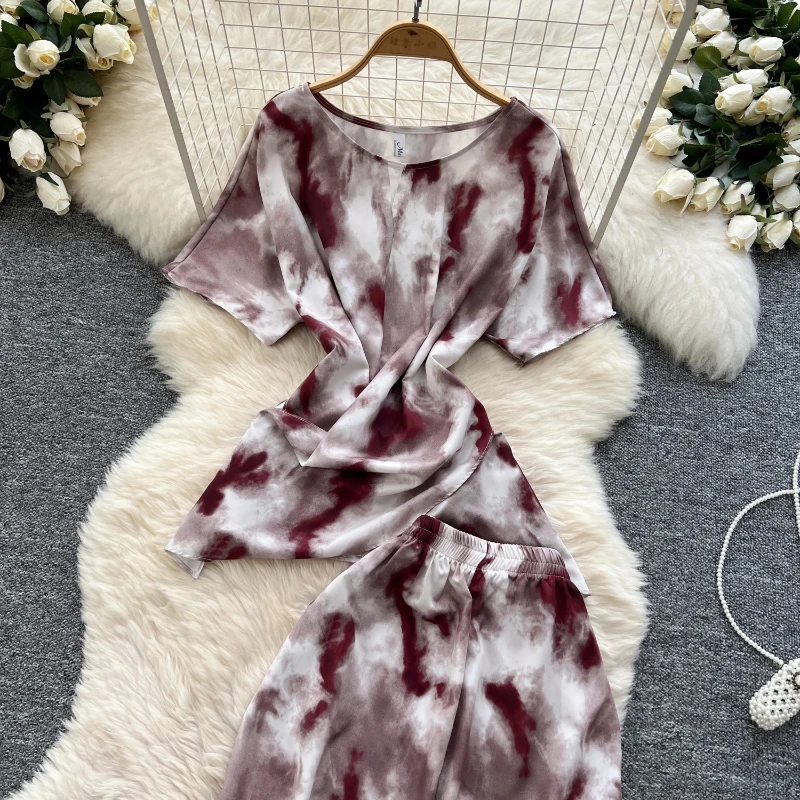 Setelan Dua Potong Fashion Musim Panas Wanita Print Atasan Lengan Pendek + Celana Panjang Kaki Lebar Setelan Wanita Pakaian Jalanan Set Dua Potong