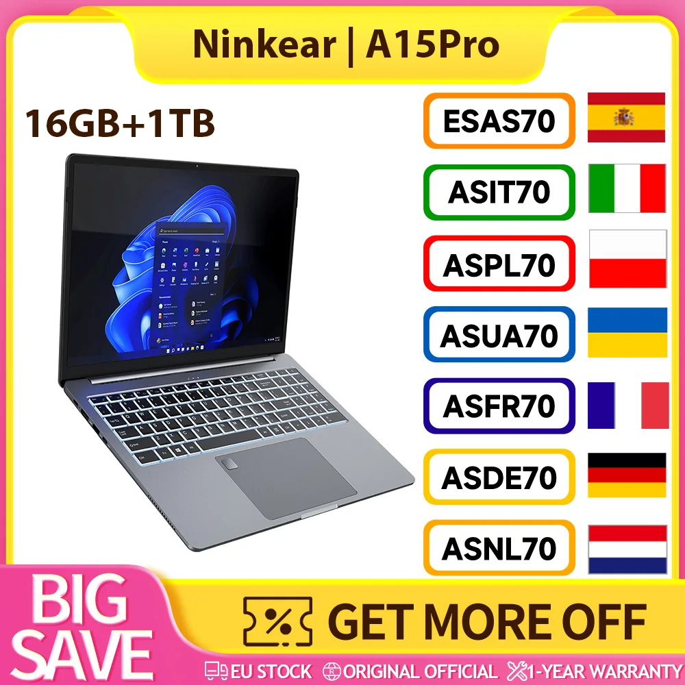 Ninkear A15 Pro-laptop, 16 inch 2560*1600 scherm, 120 Hz vernieuwingssnelheid, 16 GB RAM 1 TB SSD, AMD Ryzen 5 7430U 6 kernen Max 4,3 GHz, WiFi6 Bluetooth5.2, vingerafdrukontgrendeling, verlicht
