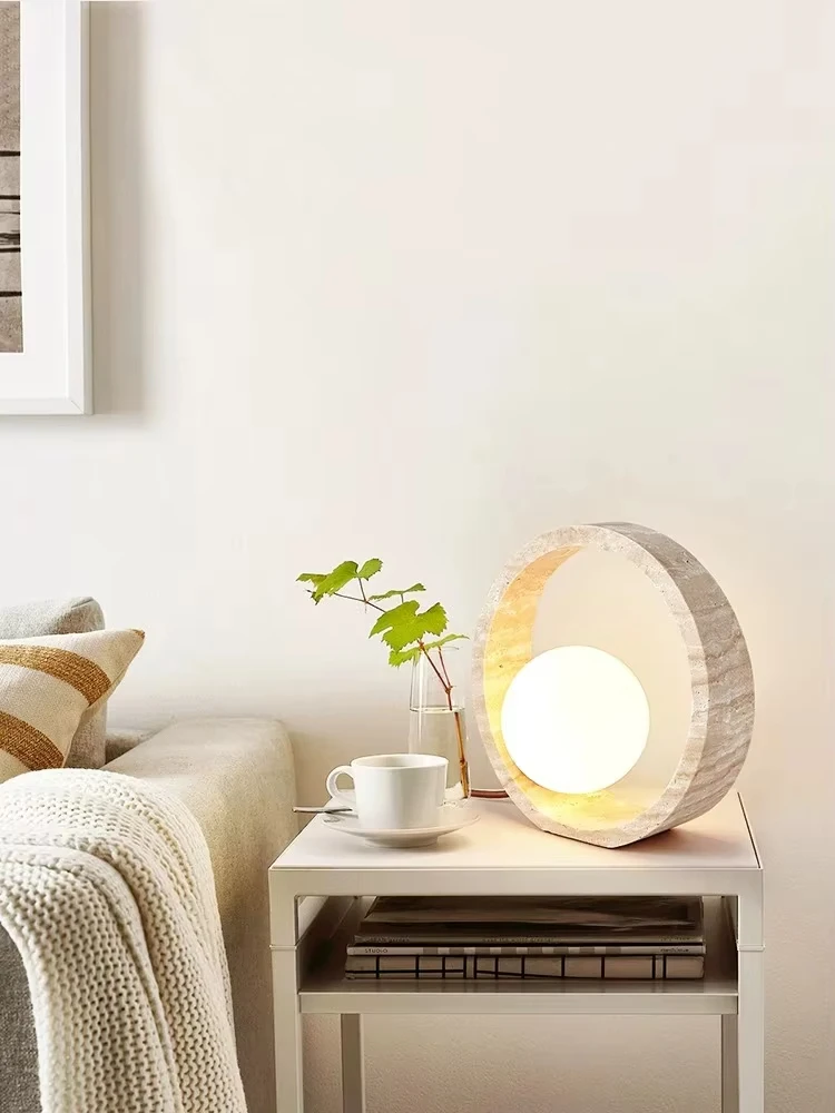 Lampada da terra moderna semplice in travertino, lampada da tavolo circolare nordica in pietra gialla naturale, apparecchi di illuminazione per decorazioni per interni YX452SH
