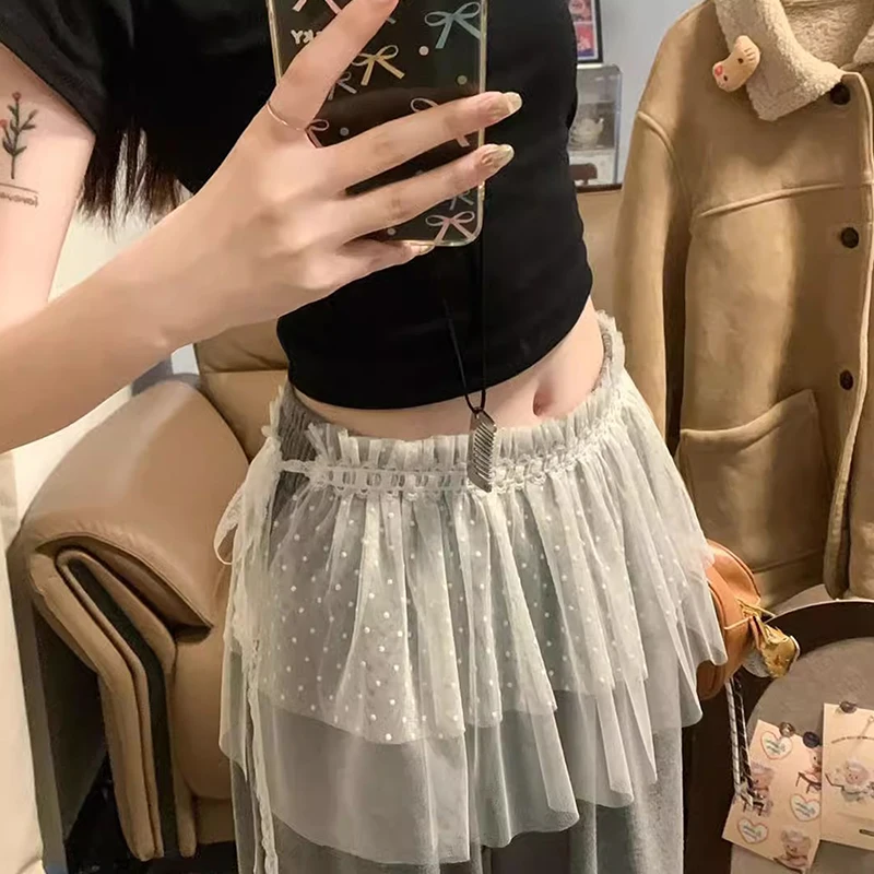 French Lace Up Short Fart Curtain Skirt Spring Layered Skirt INS Women Wrap Skirt Bandage Dress Apron Curtain Expansion Skirt