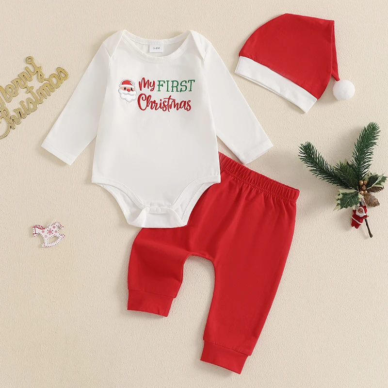 Baby Boys Christmas Letter Pattern Outfits, macacão de manga comprida, Santa Bordado Calças compridas, chapéu, conjunto de roupas, 3pcs