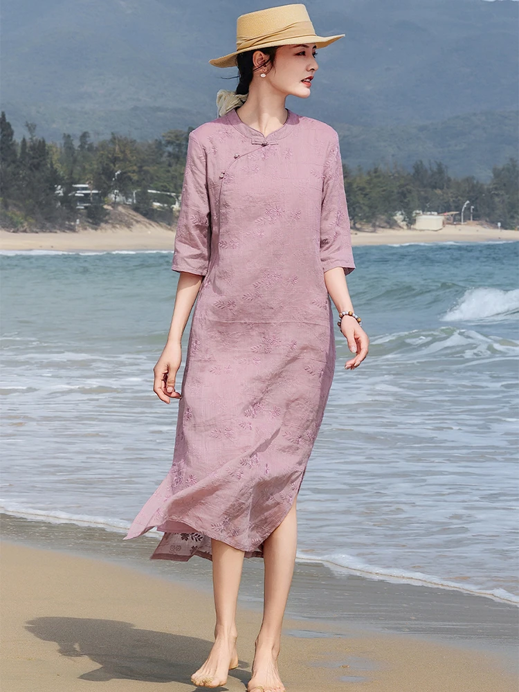 

Высококачественное длинное платье из рами с вышивкой, женское, новинка 2026 года, летнее, в китайском стиле, однотонное, элегантное платье-ципао для женщин M2540