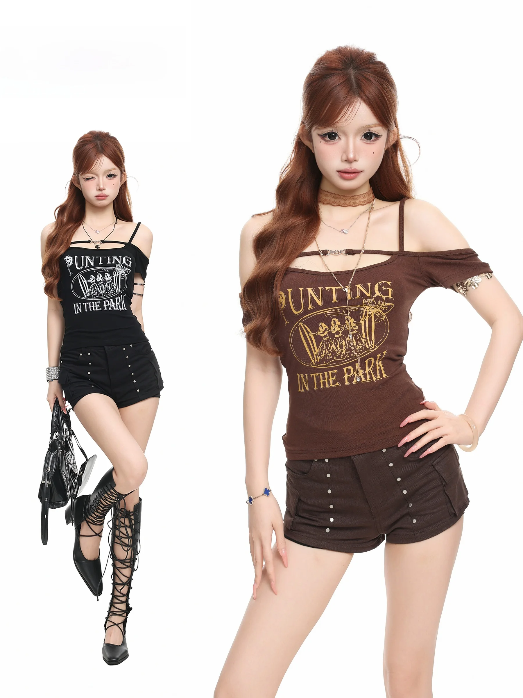 BASTERDS Punk Style Y2K Letter Print Halter Short Sleeve T-Shirt Women's Slim Fit Summer Slimming Top Cotton Polyester Blend