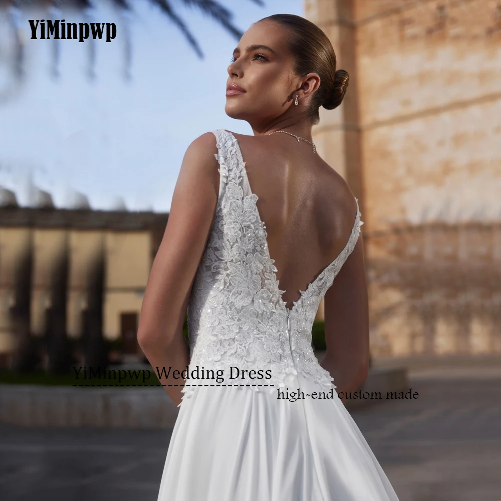 여성을위한 쉬폰 웨딩 드레스 민소매 더블 v 넥 쉬폰 백리스 우아한 레이스 신부 가운 vestidos de novia Customized