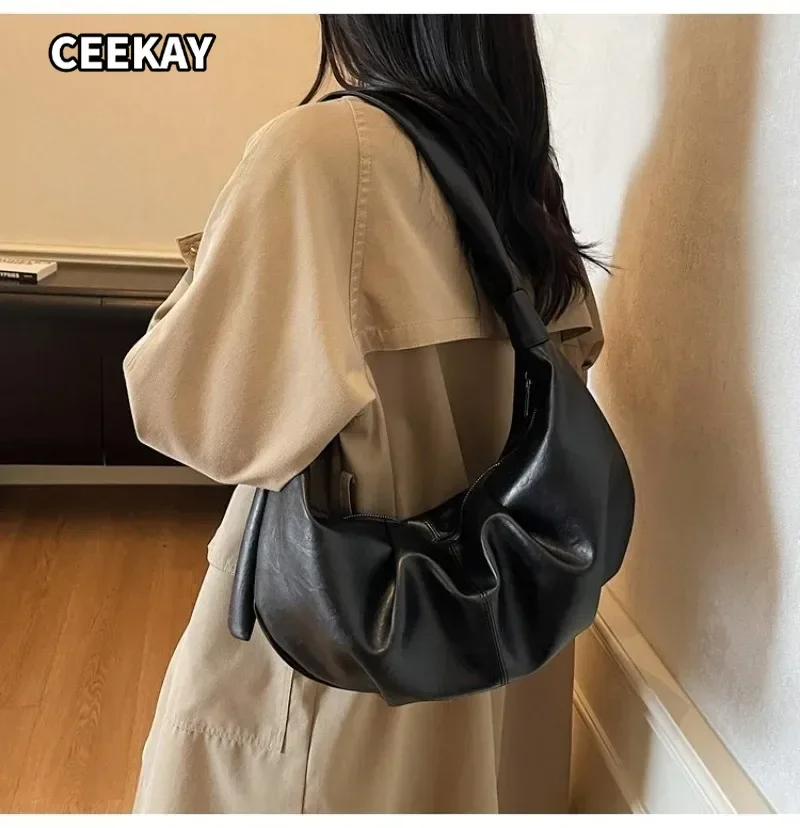 CEEKAY Women's Hobo Bag Camel Brown Glossy PU Leather Large Ruched Shoulder Handbag Zipper Closure Daily Casual Minimalist Style