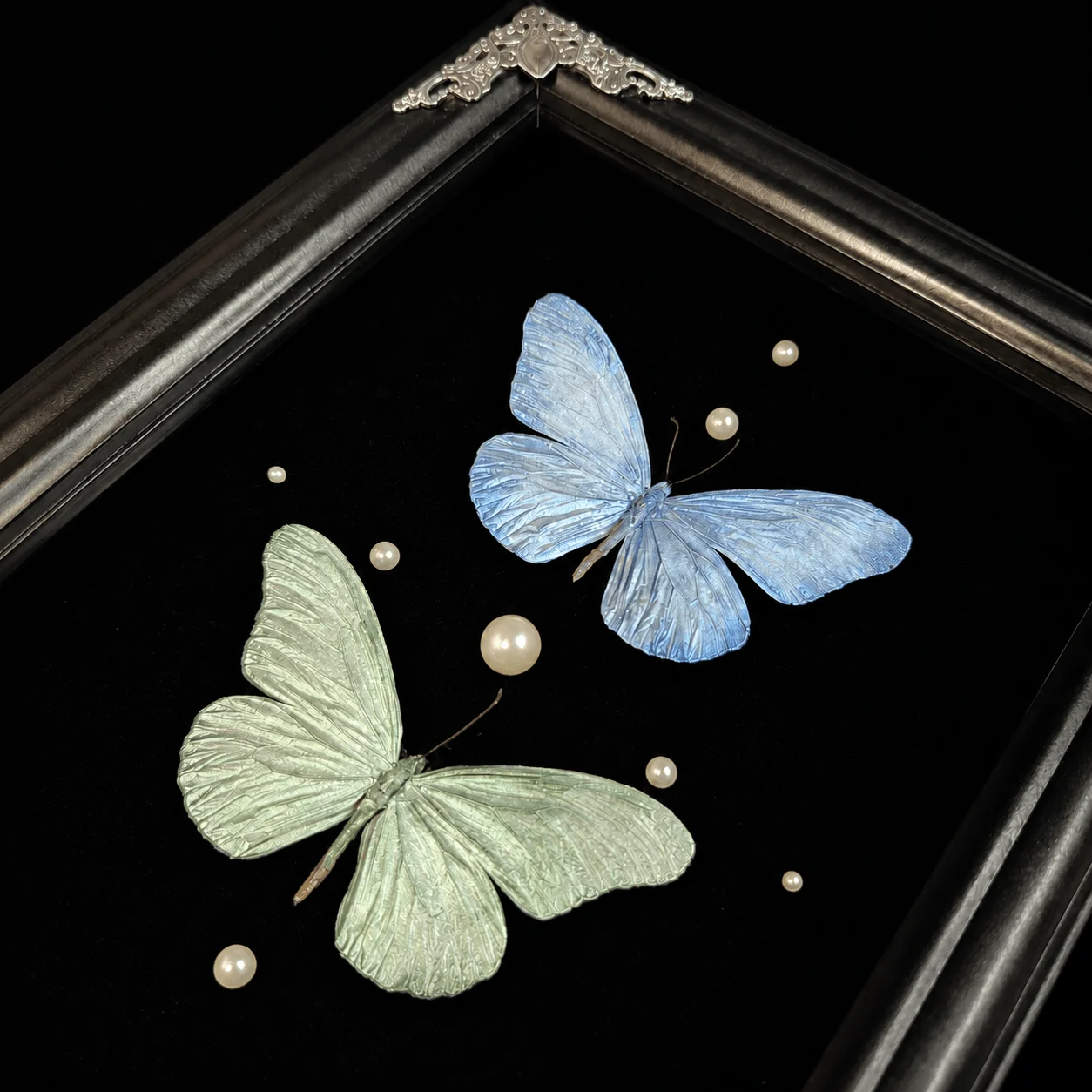 8 Inch Framed Pareronia Butterfly, Art Enhanced Blue Green Iridescent Wings, Box Display With Faux Pearl & Ornate Silver Corner