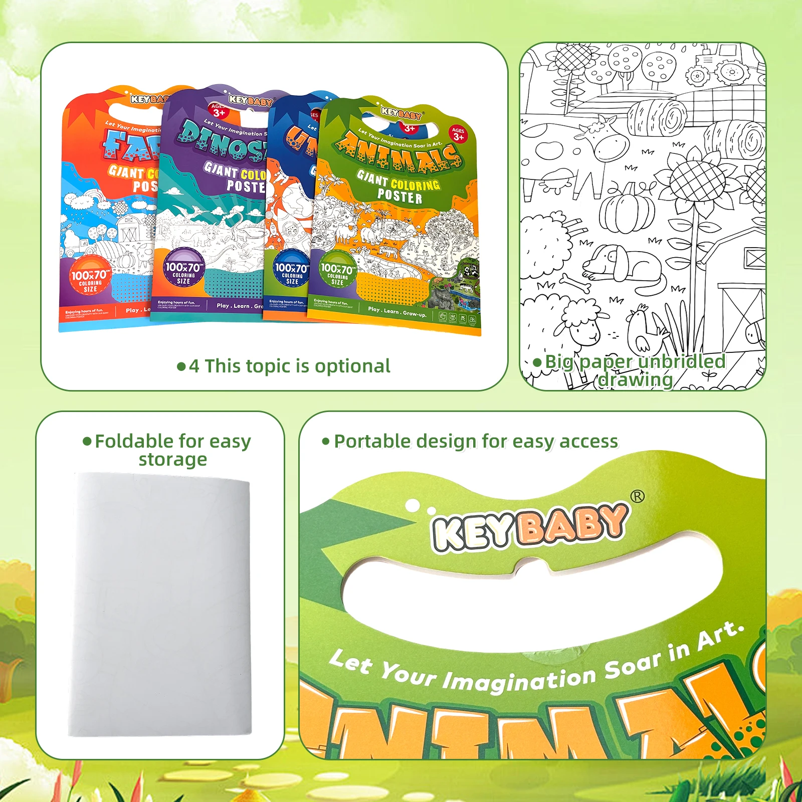 Children's Coloring Poster, Ages 3-8, 1x0.7m, Portable Handle, Enhances Creativity & Imagination, Educational Painting Gift