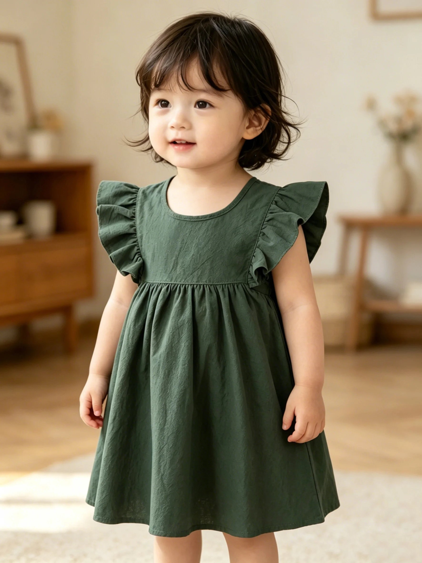 Baby Girls Green Cotton Ruffle Sleeve Dress 9-24 Months Backless Tie Sundress for Toddler Girls Summer Beach Party Casual Wear