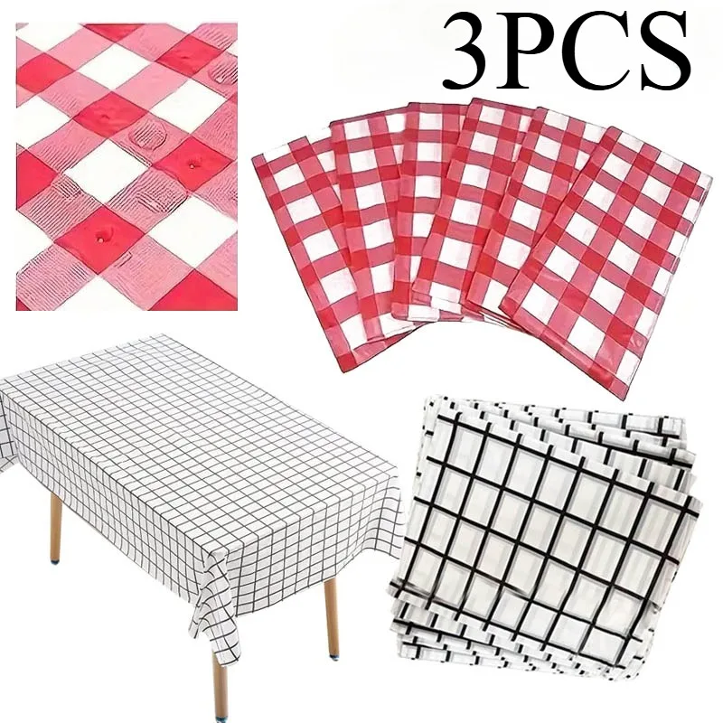 3PCS Red Black Disposable Checkered Tablecloth Kitchen Supplies Plastic Waterproof Tablecloth Birthday Party Outdoor Picnic