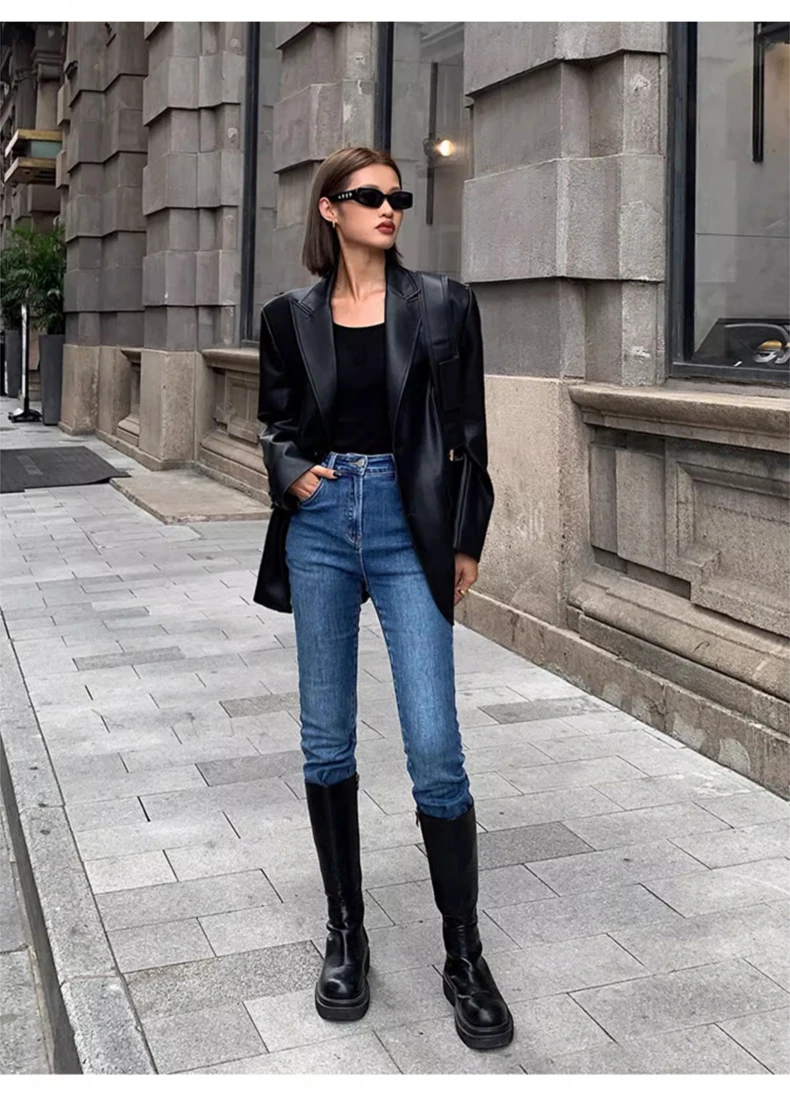 Lautaro Autumn Black Brown Soft  Pu Leather Blazer Women Shoulder Pads Long Sleeve Single Breasted Loose Casual Korean Fashion