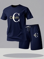 2pcs Men'S Casual Sportswear Short Set, Fashion Pattern Print Round Neck Short Sleeve T-Shirt and Drawstring Shorts
