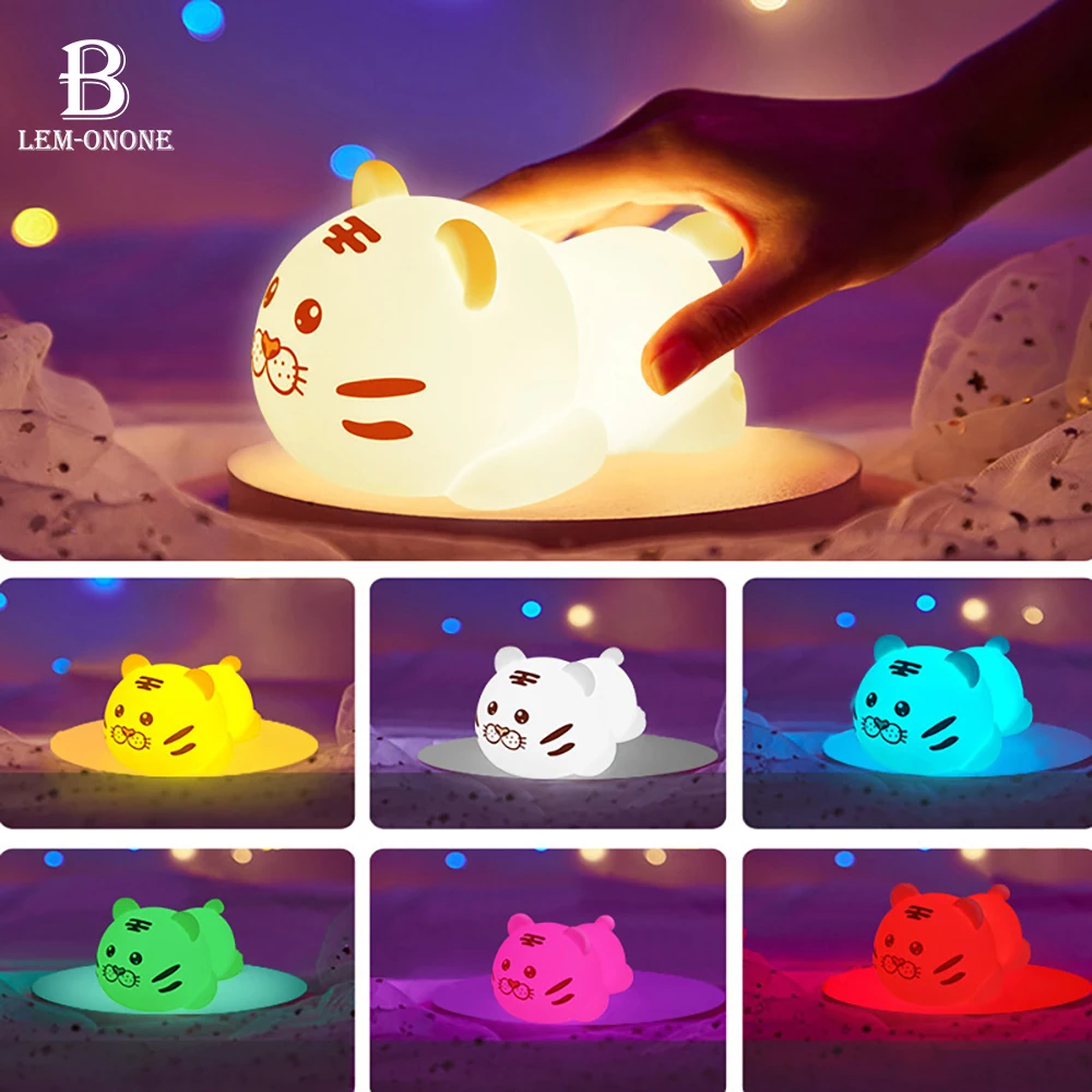 

Silicone Tiger Lamp LED Patting NightLight with Remote USB Charging Cartoon Atmosphere Light for Children Kids Holiday Gifts