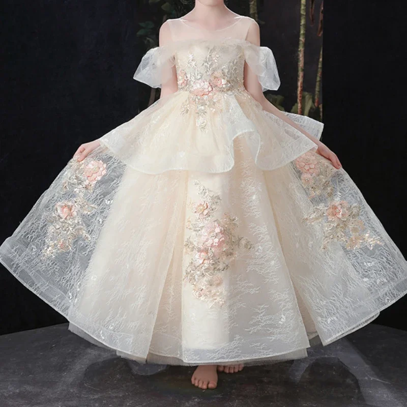 

Elegant Sweet Slash Puff Sleeve Floral Girl Dress Exquisite Embroidery Floral Appliques Ball Gown Cascading Ruffle Vestidos