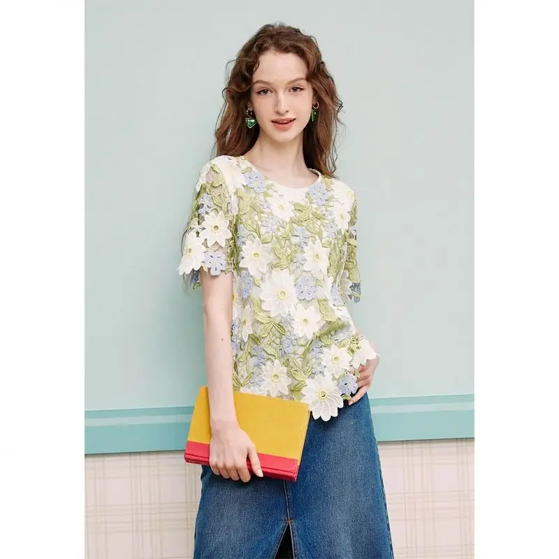 

Simple Anti-Aging Design Sense Little Daisy Heavy Industry Water Soluble Embroidery Vacation Style Lace Top