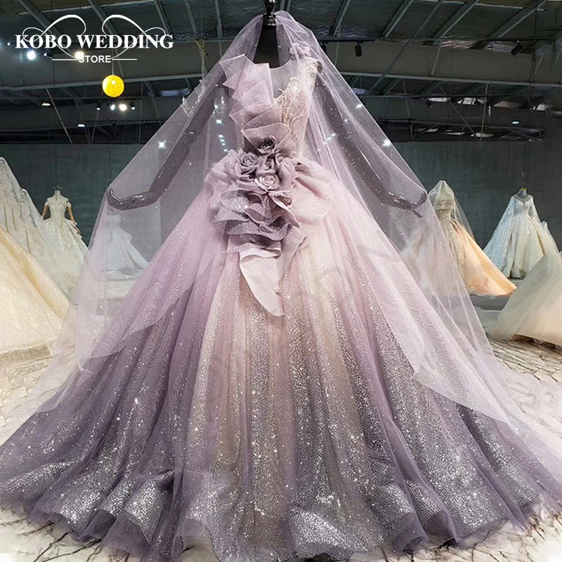 

2022 Sparkly Vestido De Noiva Wedding Dress Open Back Custom-made Lilac Bridal Tulle Mariage Princess Wedding Bling Organza