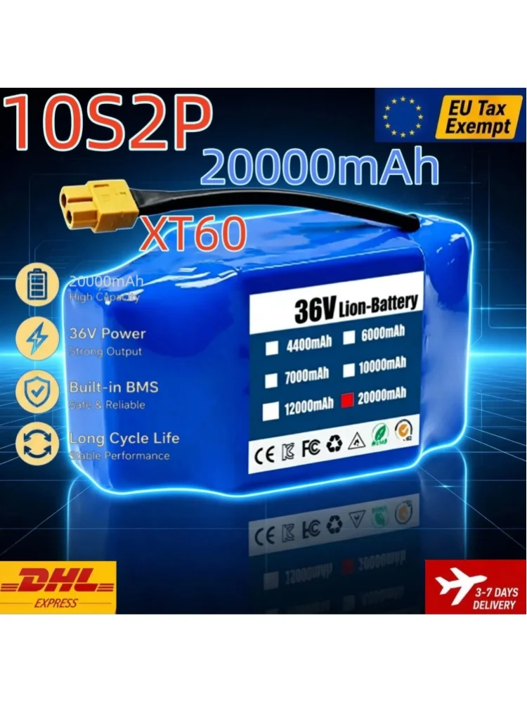 36V 20000mAh 10S2P Lithium-Akku-Pack mit XT60-Anschluss, integriertem BMS, 18650 Li-Ionen-Akku für Elektroroller, Hoverboard, E-Bike