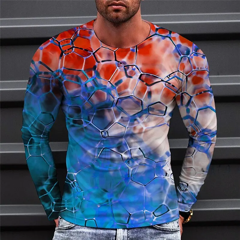 Casual Men's T shirt Graphic Prints Crack Crew Neck Blue Purple 3D Print Outdoor Street Long Sleeve Clothing Basic Sports Tee