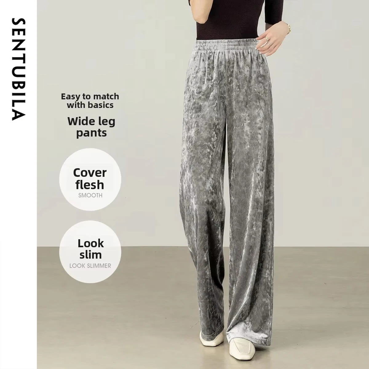 SENTUBILA Warm Velvet Casual Pants Women's Autumn Temperament Straight Trousers Solid Wide Leg Commuting Pants Female 153K80273