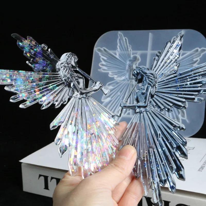 Image of 1pc Kristall Epoxy Harz Form Mädchen mit Flöte Engel Spiegel Glänzende Silikon Form DIY Handwerk Dekorationen Ornamente Casting Werkzeug