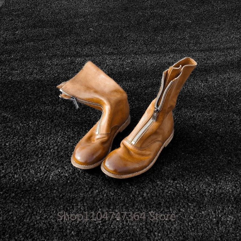British Genuine Leather Mid-Calf Women's Boots Casual Outdoor Fashion Front Zipper High Top Chelsea Cowhide Boots Lady Shoes