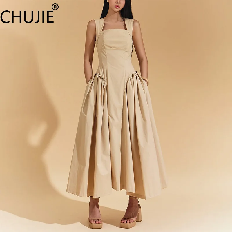 

CHUJIE Women's Dress 2025 Spring/Summer New Solid Color Sleeveless Fashion Trend Temperament Folded Patchwork Ruffle Edge Dress