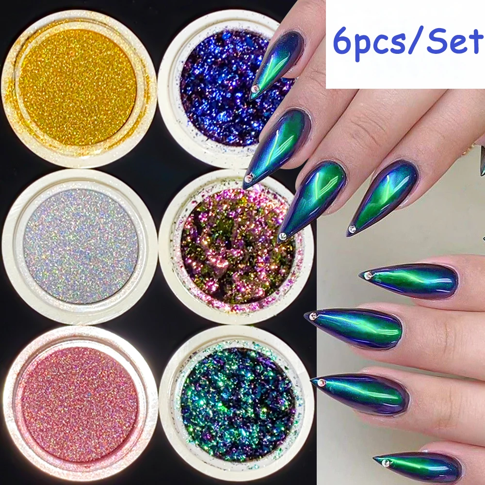 6Jar Chameleon Neon Chrome Nail Art Powder Set Eyeshadow Makeup Laser Blue/silver Pearl  Pigment Powder DIY Manicure Powder