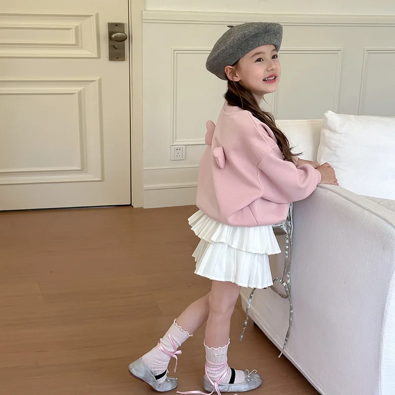 Spring‑Autumn Girls Dusty Pink Sweatshirt Stylish 3D Angel Wing Decor Pullover Top Casual Long‑Sleeve Sweatshirt for Little Kids