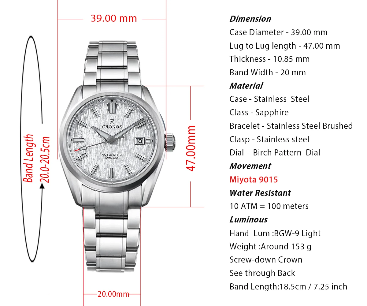 Cronos Men Watch 39mm Automatic Wristwatches White Birch Dial Solid Links Sapphire 10 ATM L6037M
